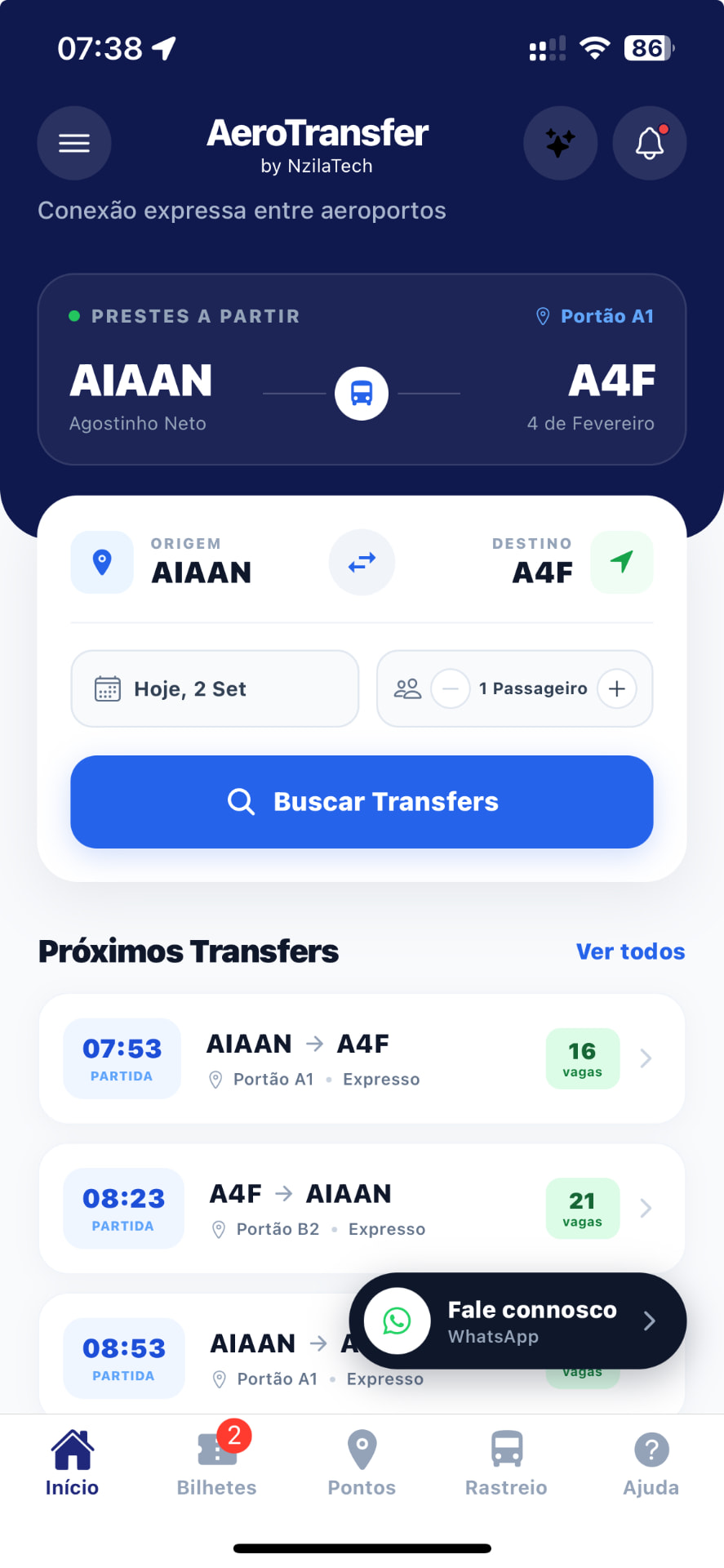 Aplicação Aero-Transfer — Início e próximos transfers