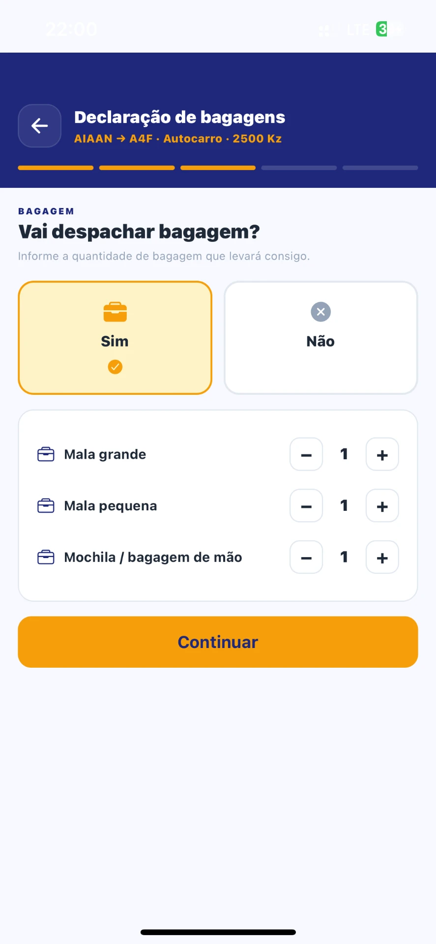 Aplicação Aero-Transfer — Declaração de bagagens